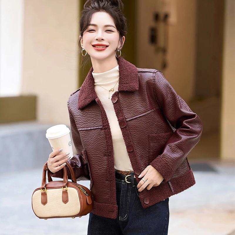 加绒加厚皮衣外套女秋冬新款修身高级感小个子皮夹克上衣短款外套