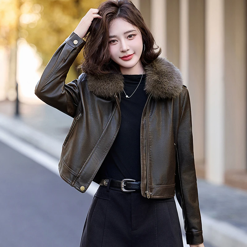 毛领皮衣女款爆款2025新款春秋冬季小个子加绒加厚皮夹克短款外套