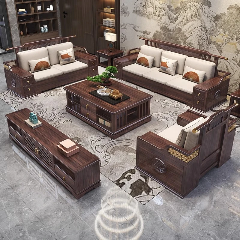 乌金木实木沙发冬夏两用全实木新中式大户型客厅可储物木沙发组合