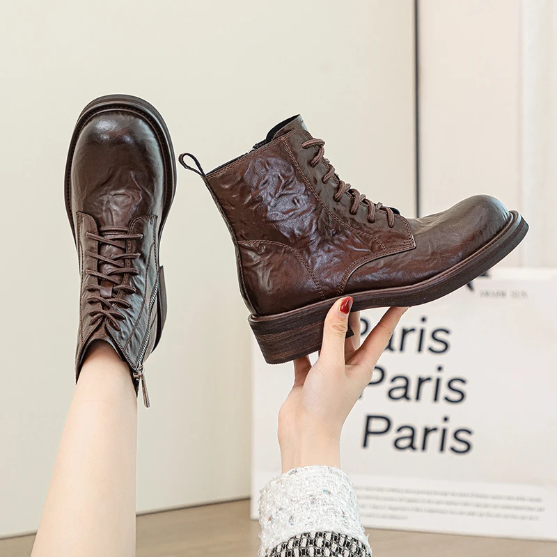 大牌款百搭真皮马丁靴女中跟2024秋冬新款粗跟女靴短靴厚底