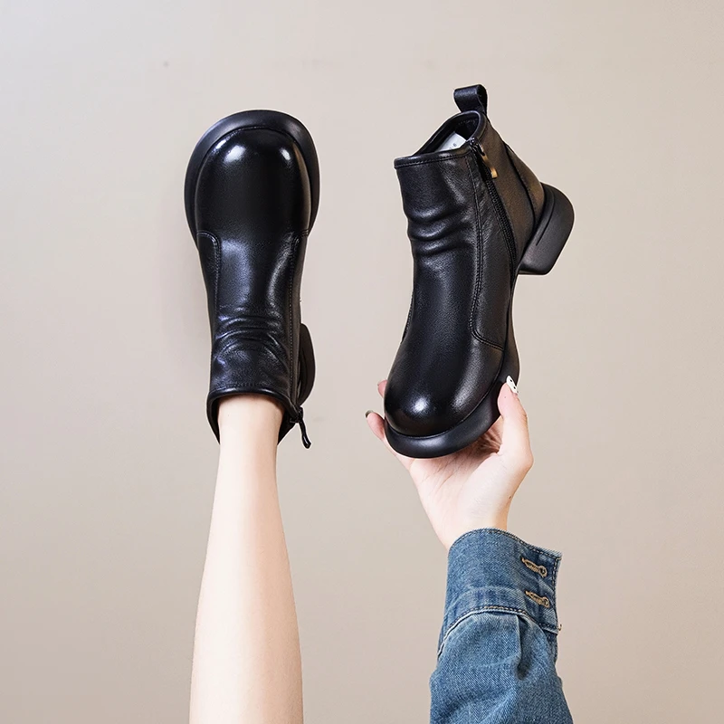 英伦风靴子真皮马丁靴加绒厚底时尚百搭黑色粗跟秋冬圆头
