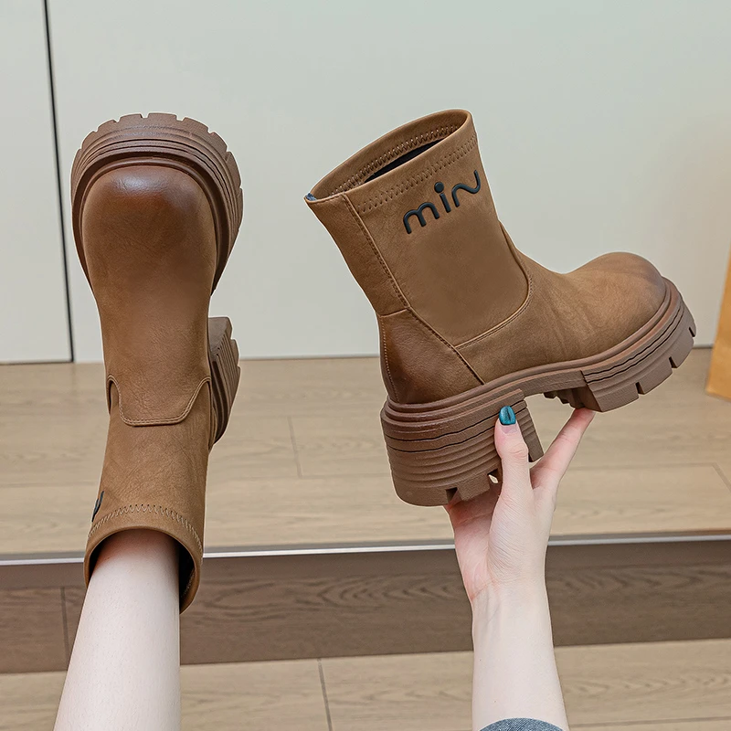 【格西新品】2024秋冬新款高跟显瘦弹力靴女中筒瘦瘦靴厚底短靴女