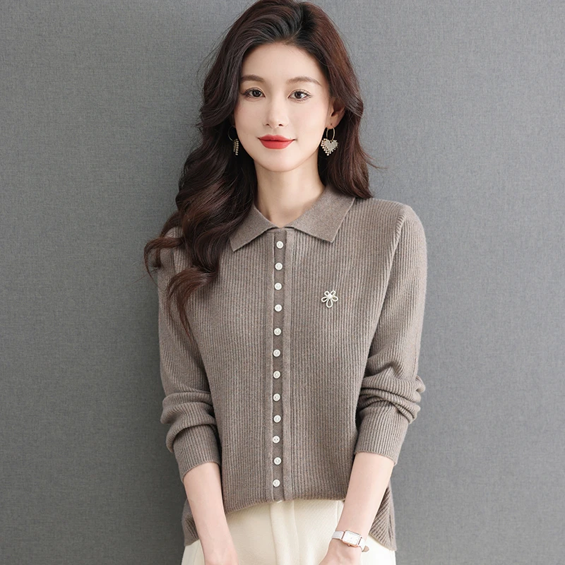 翻领针织衫女薄款长袖上衣2024款春秋时尚洋气娃娃领打底衫56722