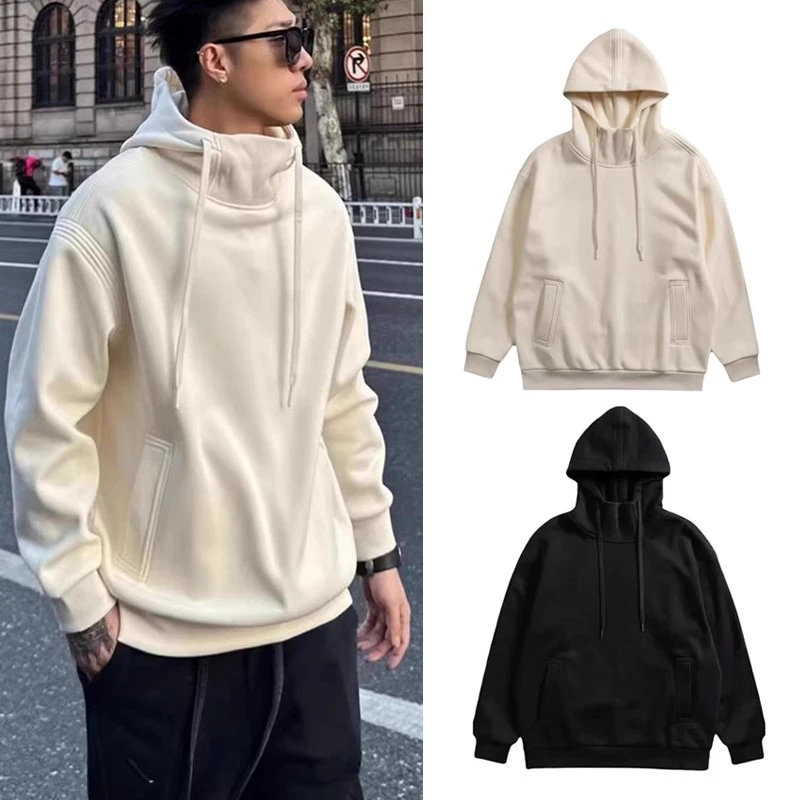 美式高街纯色卫衣潮流时尚高领卫衣百搭男士潮牌宽松落肩连帽卫衣