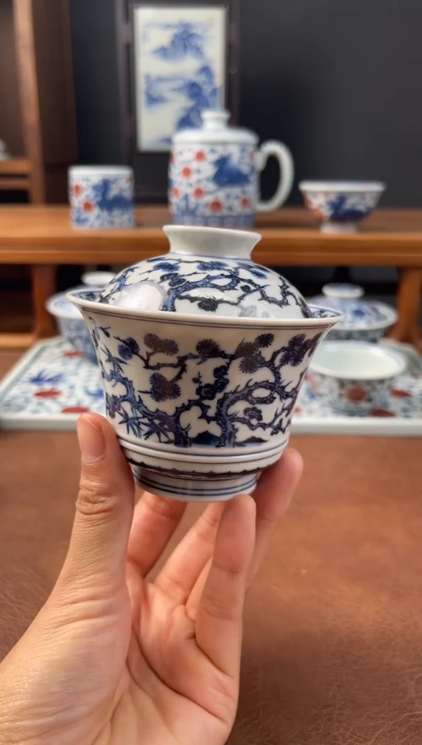 【闪购商品】杯丰雅赏玩松竹梅马蹄盖碗