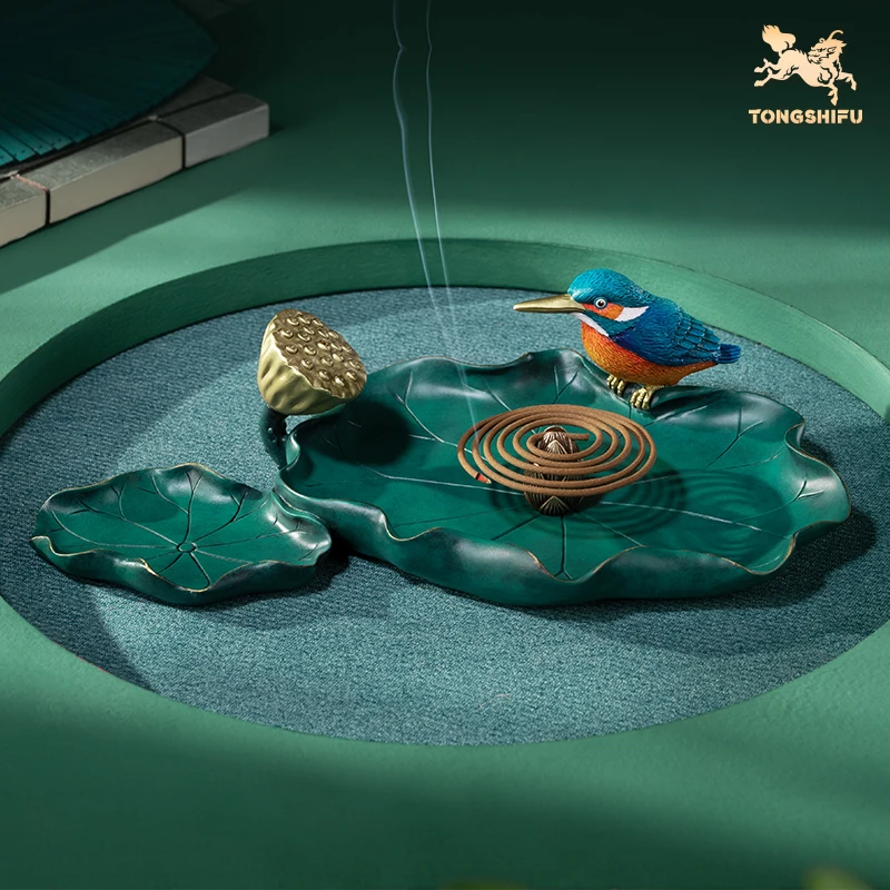 铜师傅 《荷塘翠影香插》客厅桌面铜摆件 家居装饰工艺品