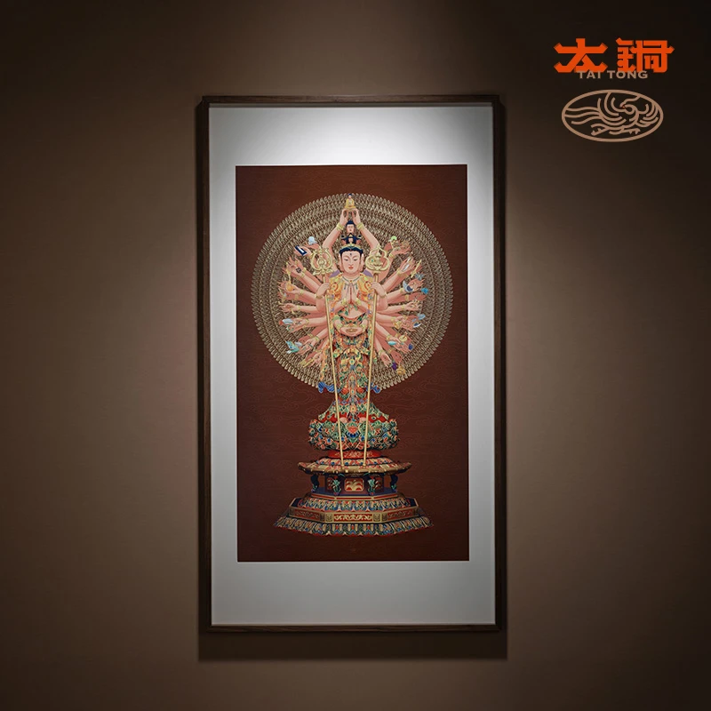 太铜《千手观音图》 手工錾刻 铜雕画 客厅装饰画 玄关画 背景画