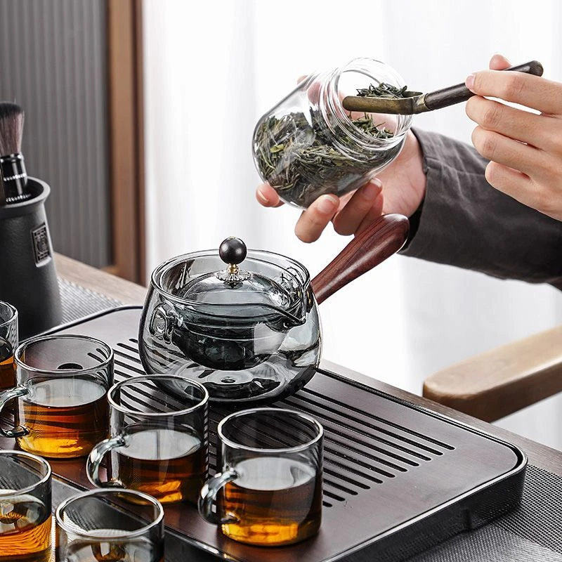 旋转逍遥壶泡茶壶玻璃煮茶壶水墨色 一壶六杯+杯架