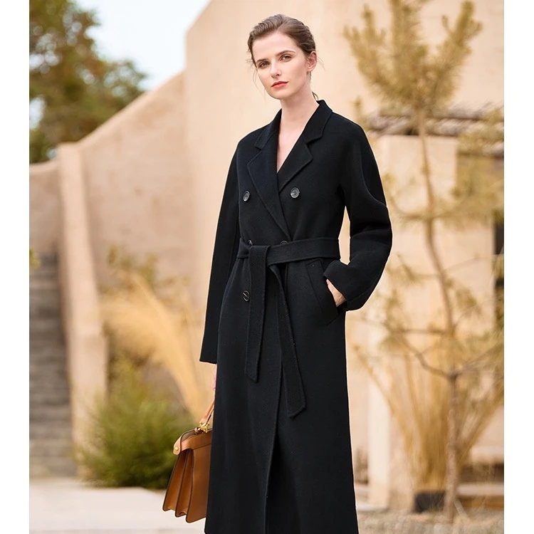 双面羊毛大衣女经典双排扣中长西装领毛呢外套，收腰显瘦外套时尚