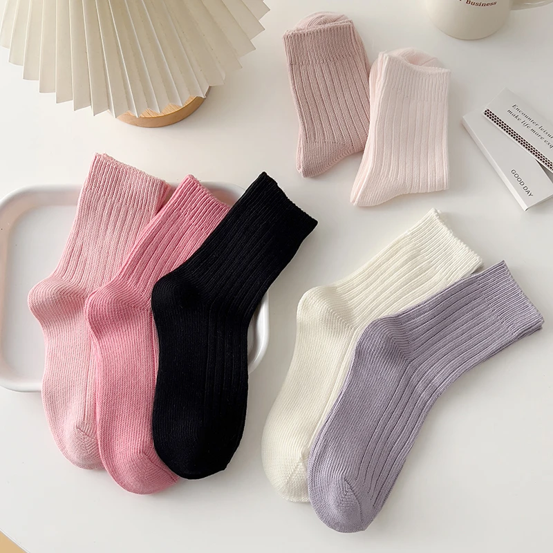 【少女粉】粗线精梳棉双针袜子女中筒纯色日系百搭ins定染棉袜