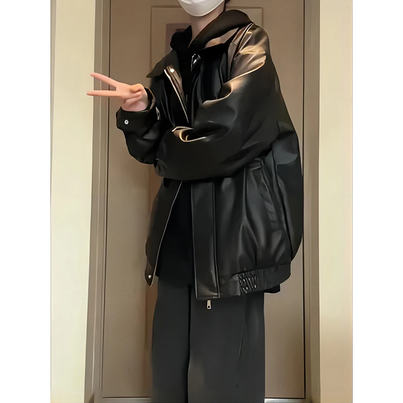 黑色PU皮衣外套高级感美式夹棉加厚男生垫肩机车飞行夹克棉服秋冬