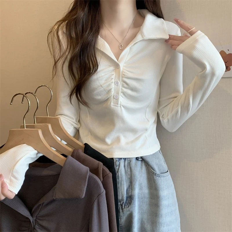 白色polo领气质短款打底衫女春秋款修身甜辣高腰内搭长袖T恤上衣