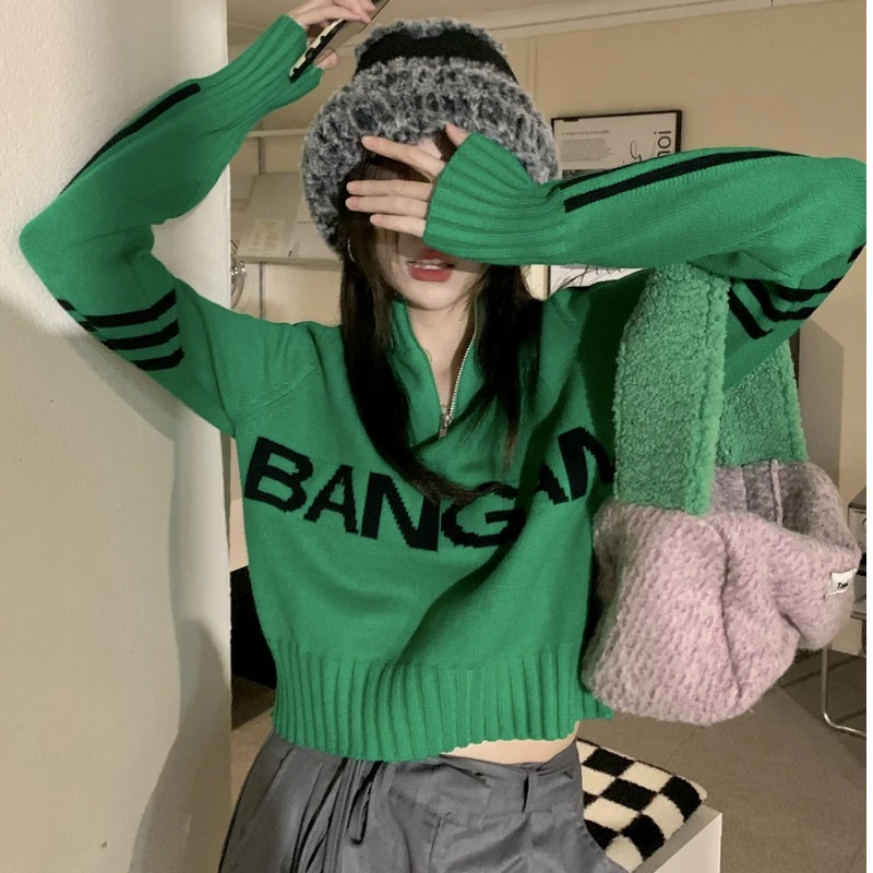 绿色短款高腰上衣秋冬撞色条纹针织打底衫拉链立领毛衣女宽松外穿