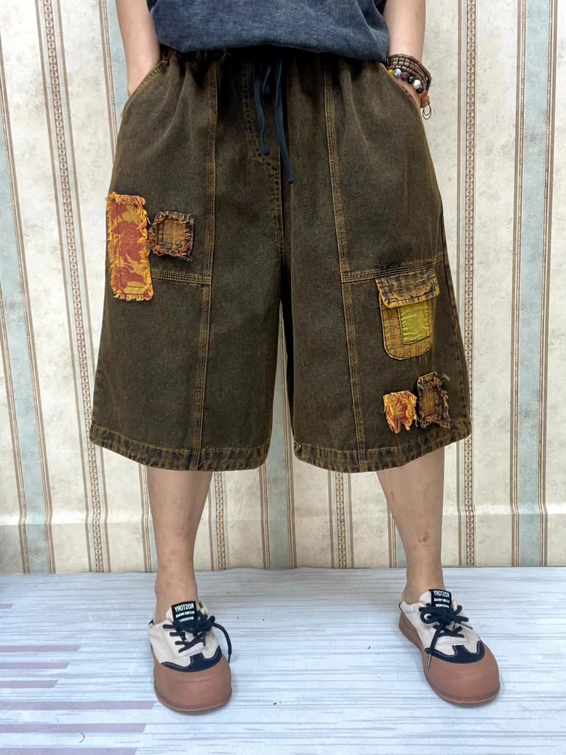 春夏百搭牛仔裤时尚夏季潮流宽松薄款浅色奶奶大码牛仔五六分裤女