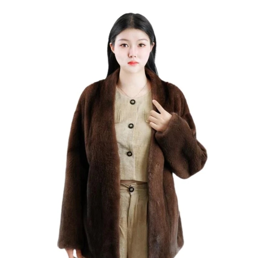 ABEILUO/阿贝萝 进口水貂整皮镶嵌皮草外套女冬轻奢大气上档次