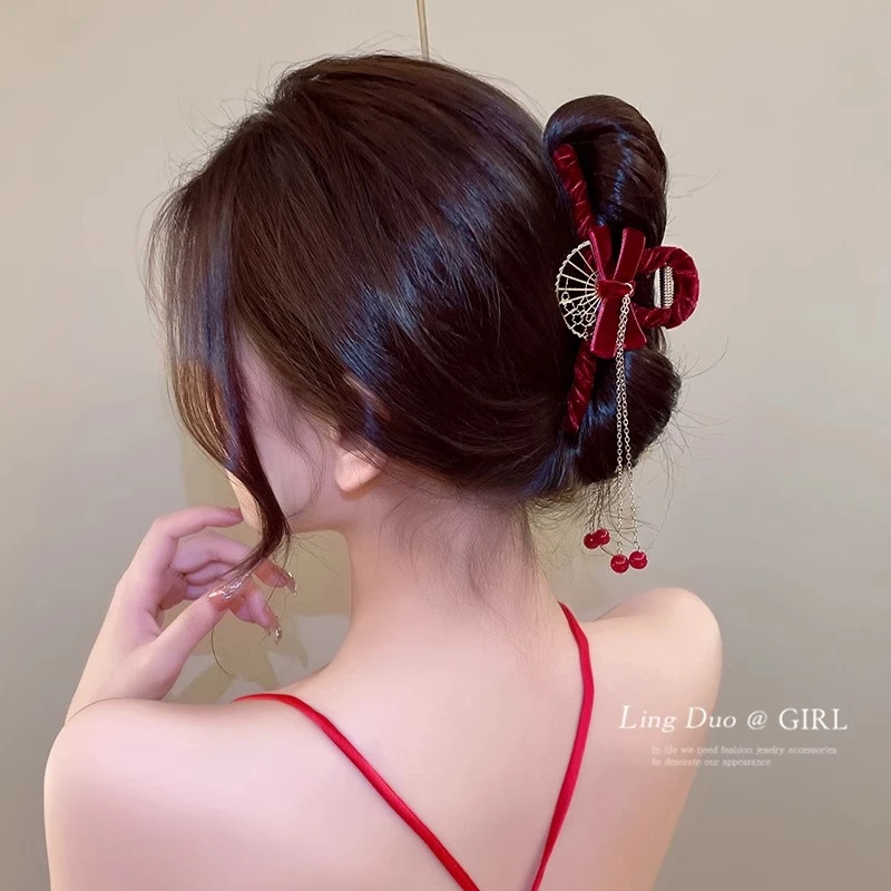 流苏扇子丝绒红色蝴蝶结抓夹旗袍汉服后脑勺发夹鲨鱼夹民族风发饰