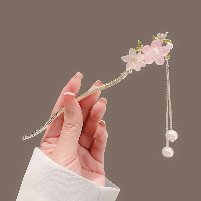 精致粉色桃花流苏古风发簪盘发步摇簪子女旗袍汉服发钗盘发簪百搭