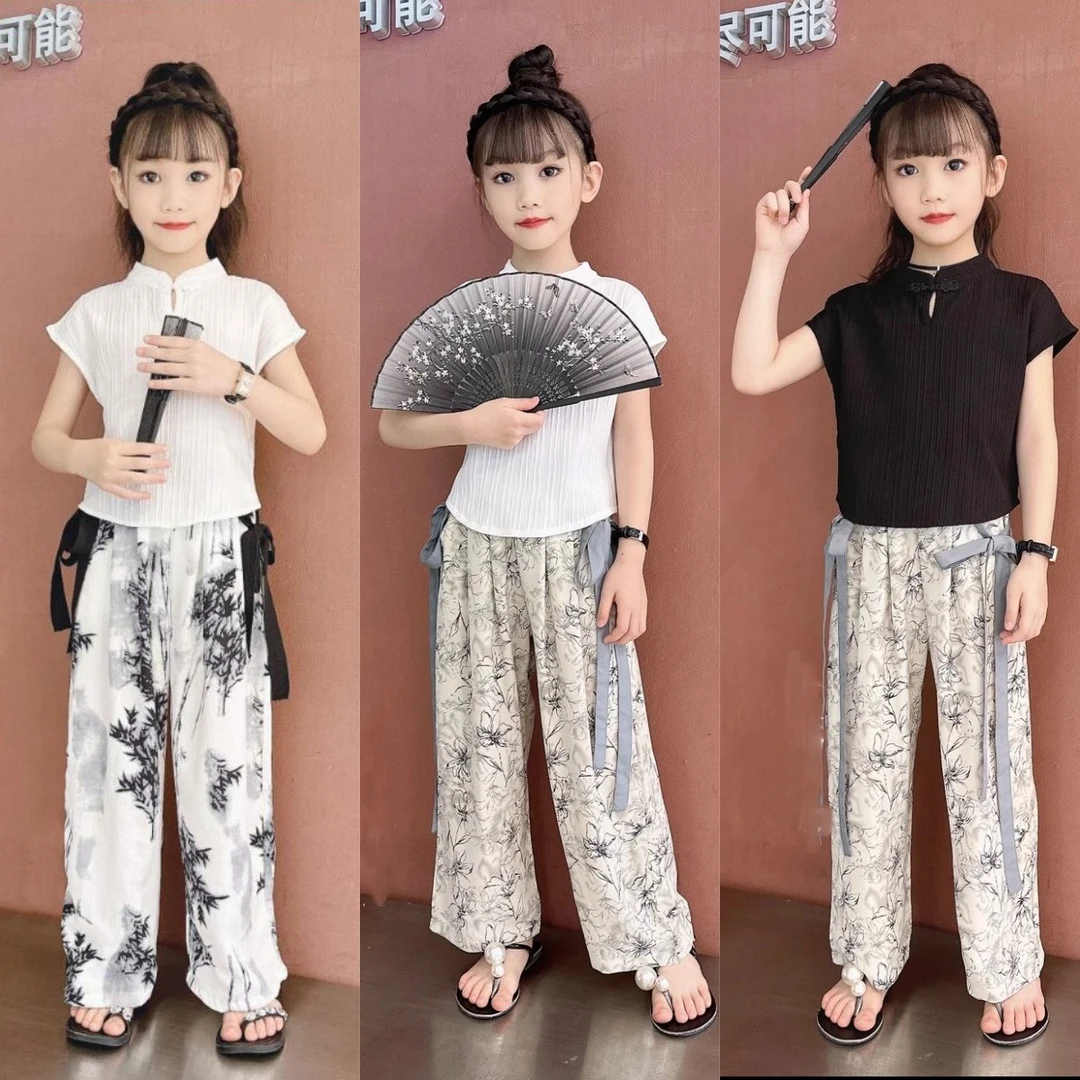 女童夏装套装2024新款中式儿童装夏季中国风阔腿裤时髦短袖两件套