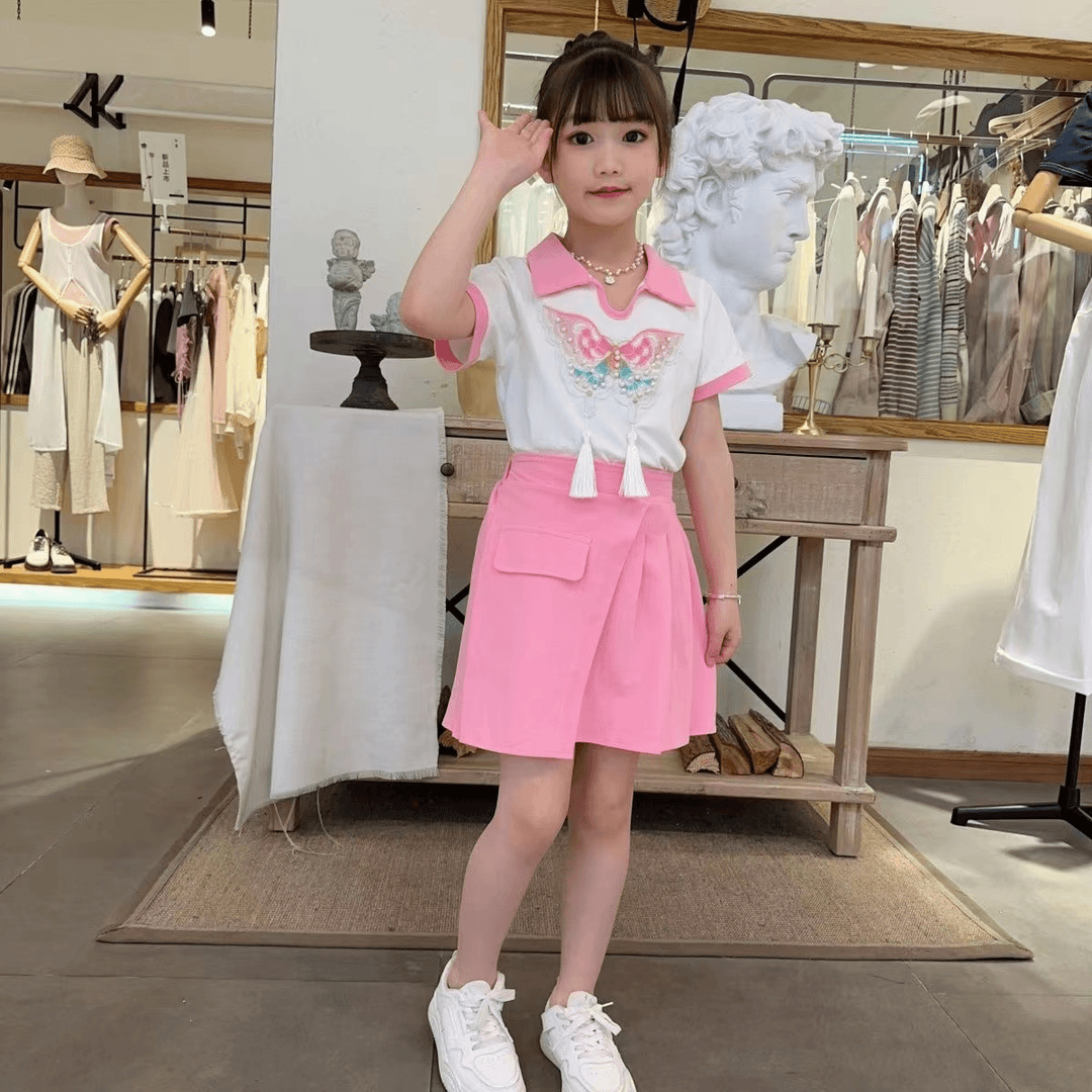 女童夏季套装2024新款儿童中式国风刺绣短袖百褶裙两件套女孩短裙