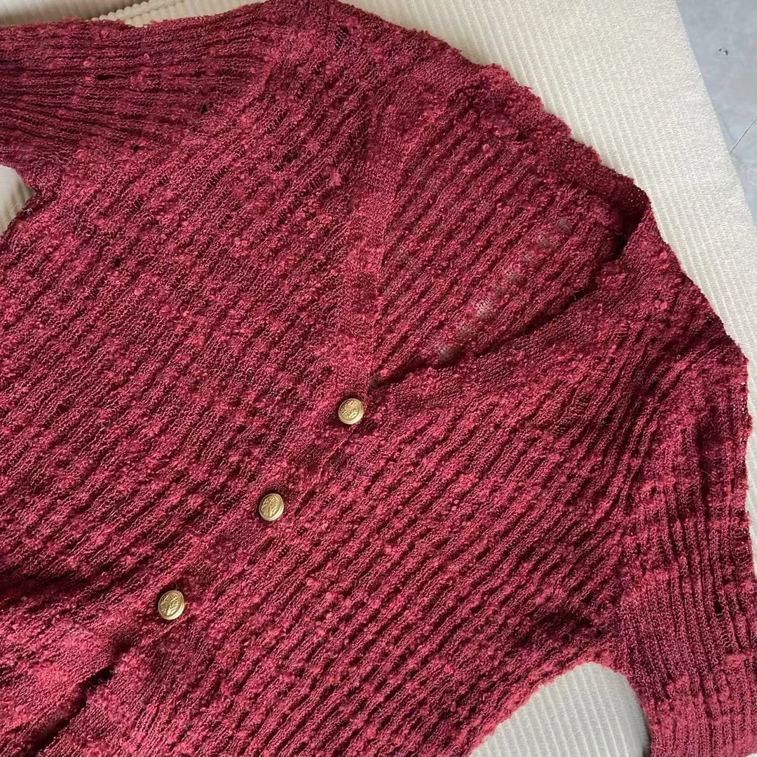 【CHEN】洋气复古女人味镂空圆领毛衫减龄显瘦长袖针织开衫24103012