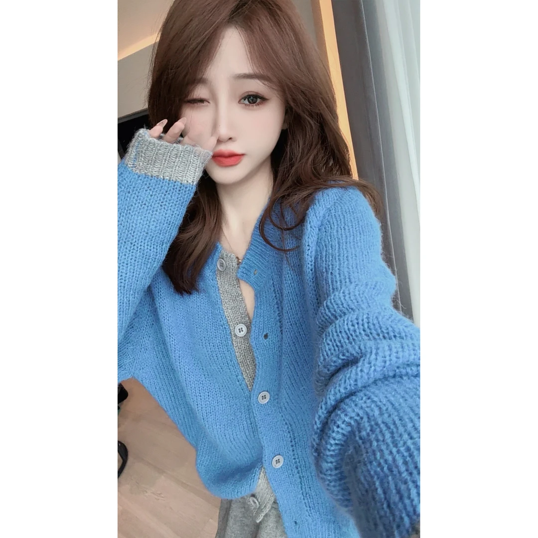 【CHEN】秋冬洋气设计感拼色毛衣气质减龄圆领长袖针织衫24120803