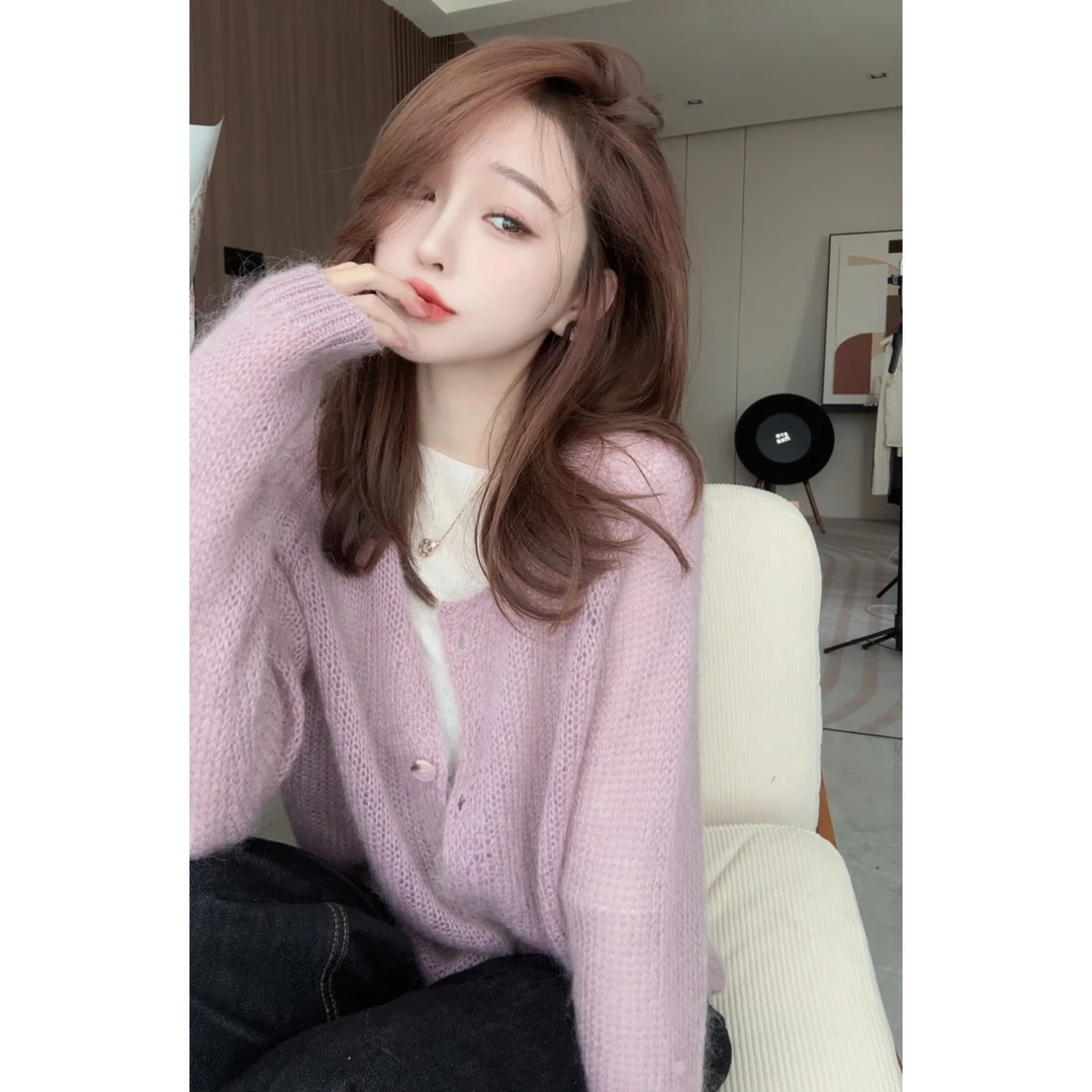 【CHEN】洋气温柔软糯慵懒马海毛毛衣显瘦长袖针织开衫24090605