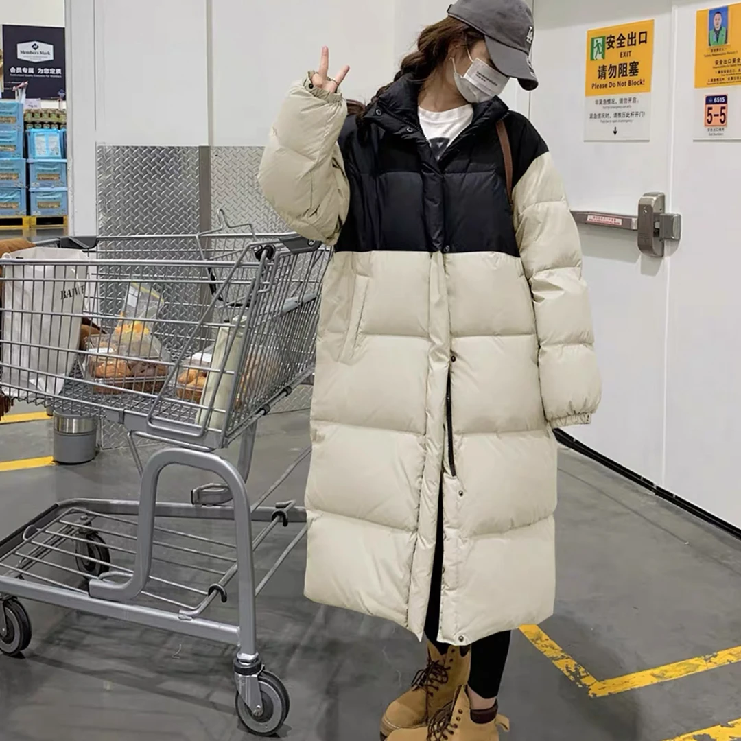 过膝保暖羽绒服女冬季新款撞色宽松休闲中长款韩版宽松时尚PW520