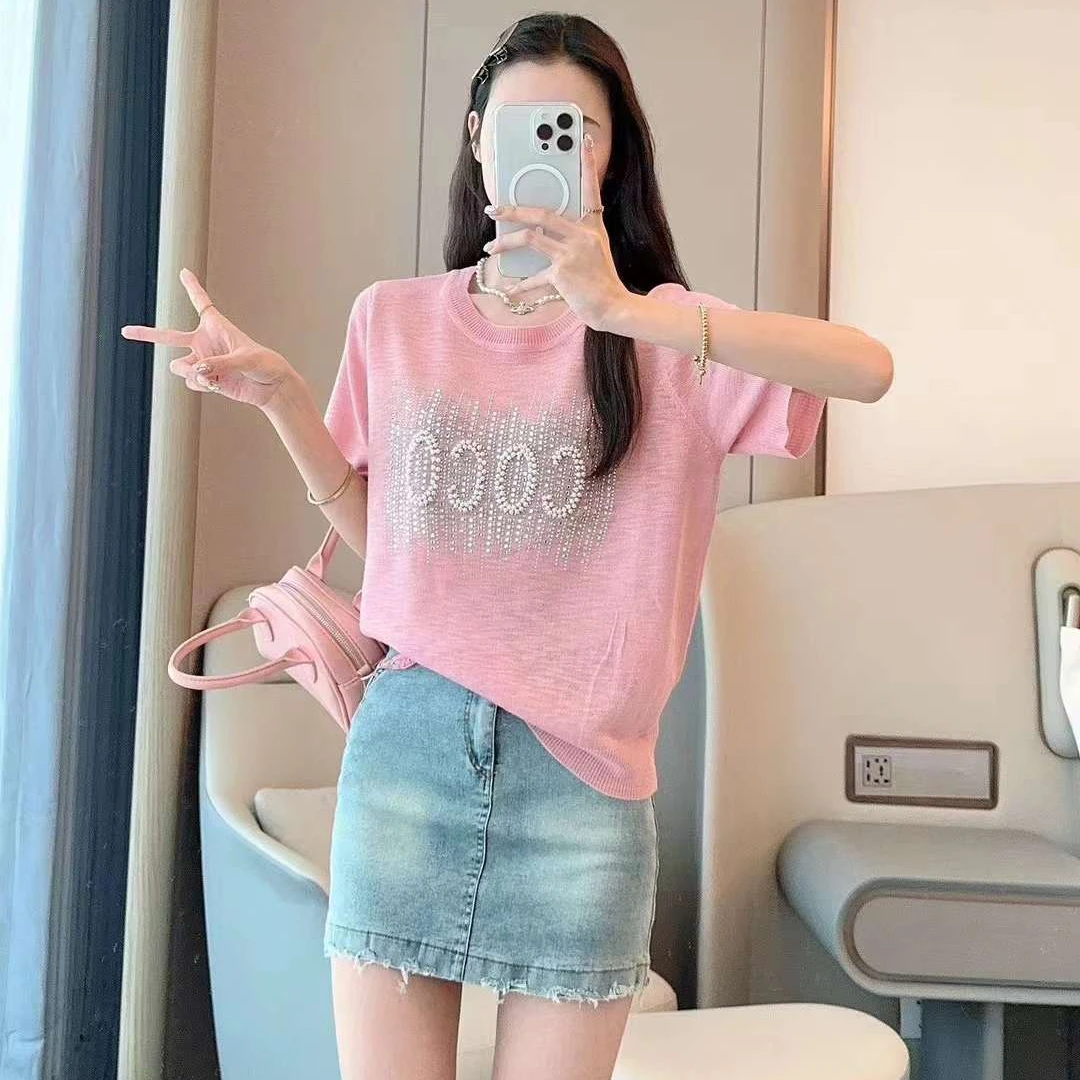 【芳芳定制】字母钉珠短袖针织衫设计感减龄宽松百搭薄款圆领上衣