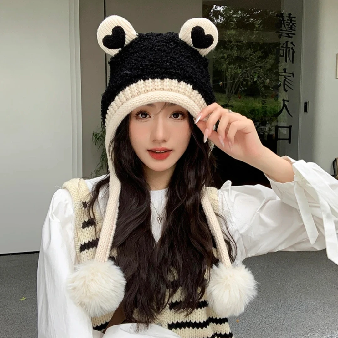 爱心小熊新款毛线耳朵女冬针织帽