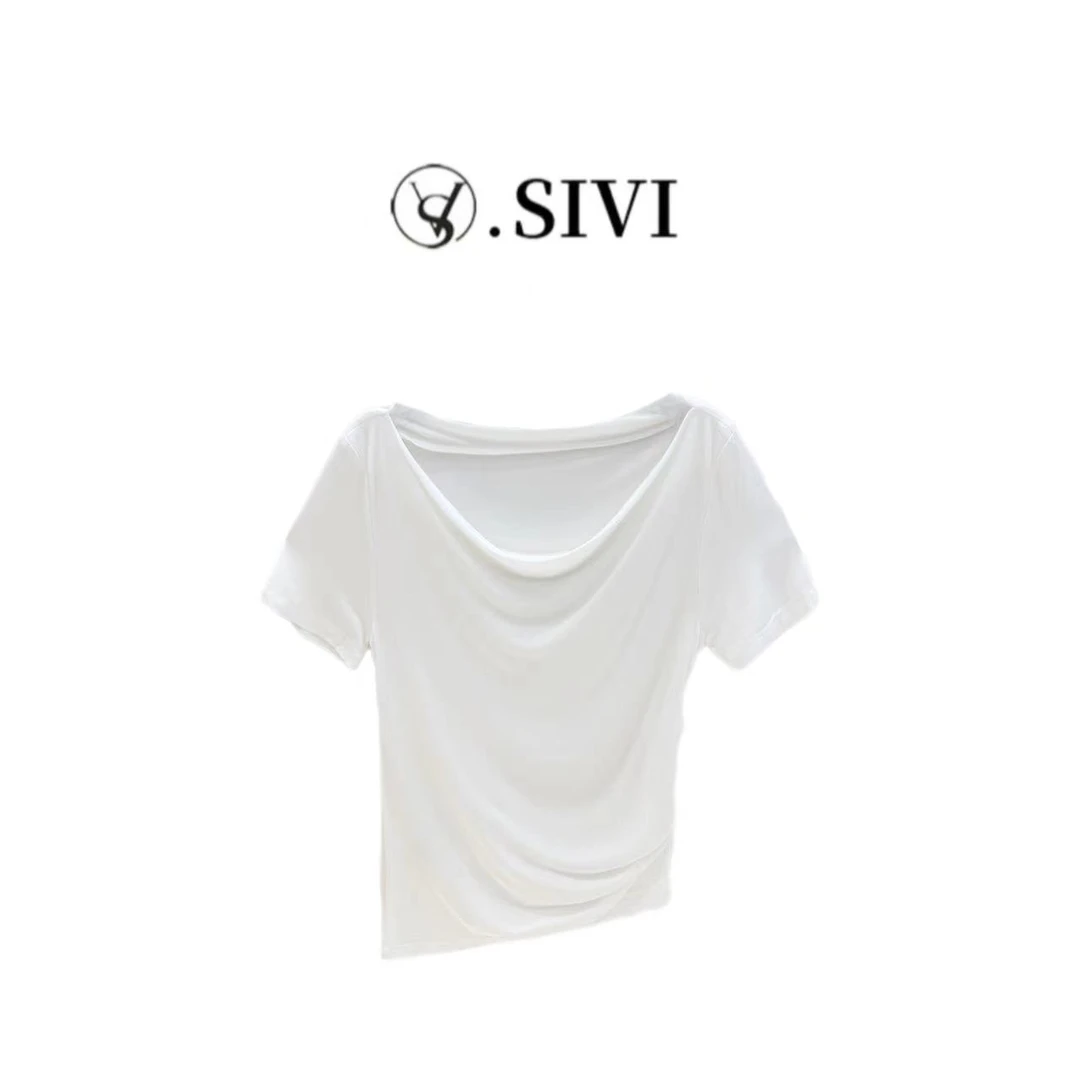 【熙薇品牌】上衣【心动手记】2024夏季设计师款堆堆领不规则T恤F5306