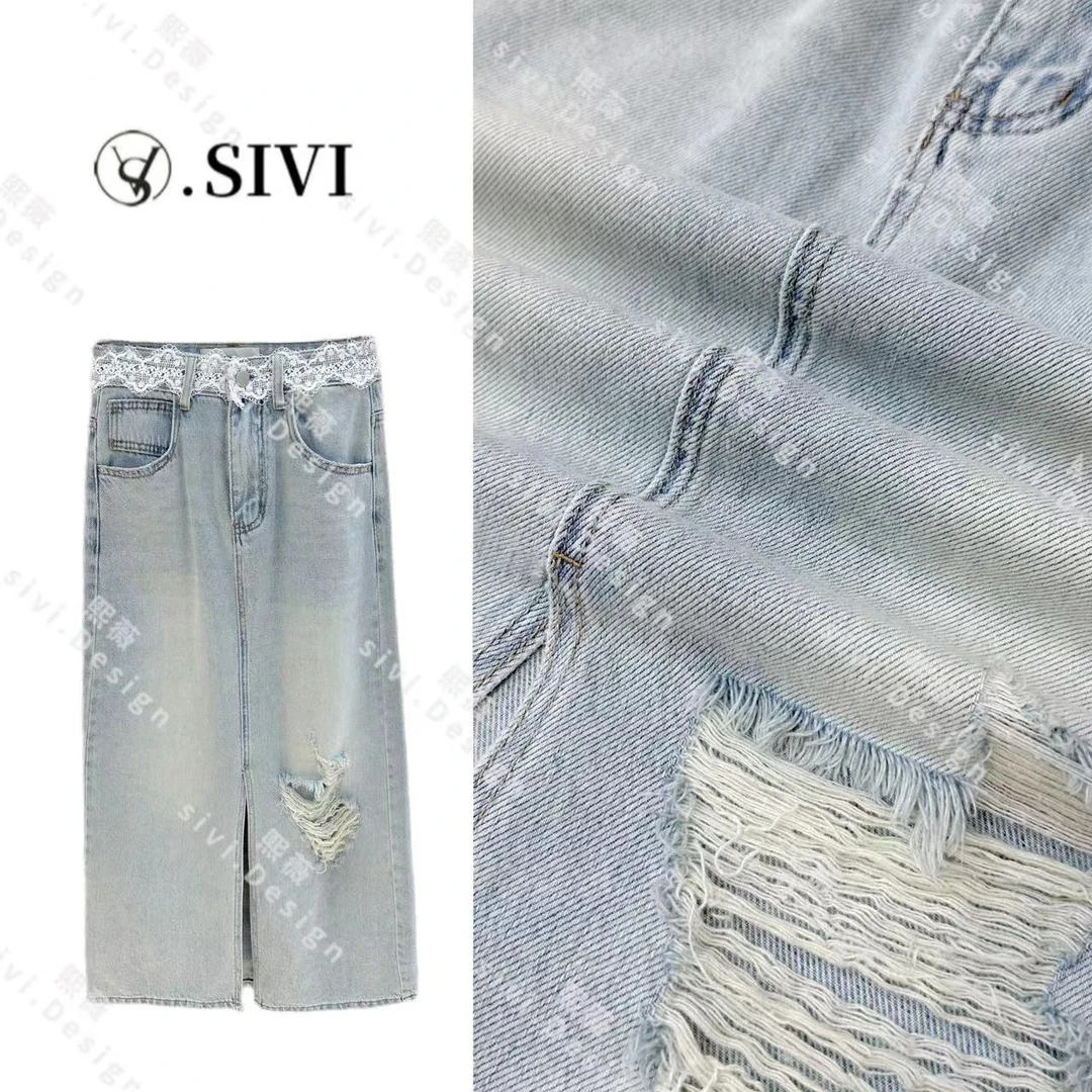【熙薇品牌】2024早春新款复古设计感破洞浅色休闲牛仔裙F3350