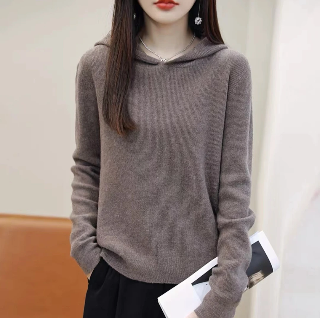 纯羊毛衫慵懒风软糯毛衣针织衫女2023新款连帽卫衣上衣秋装宽松