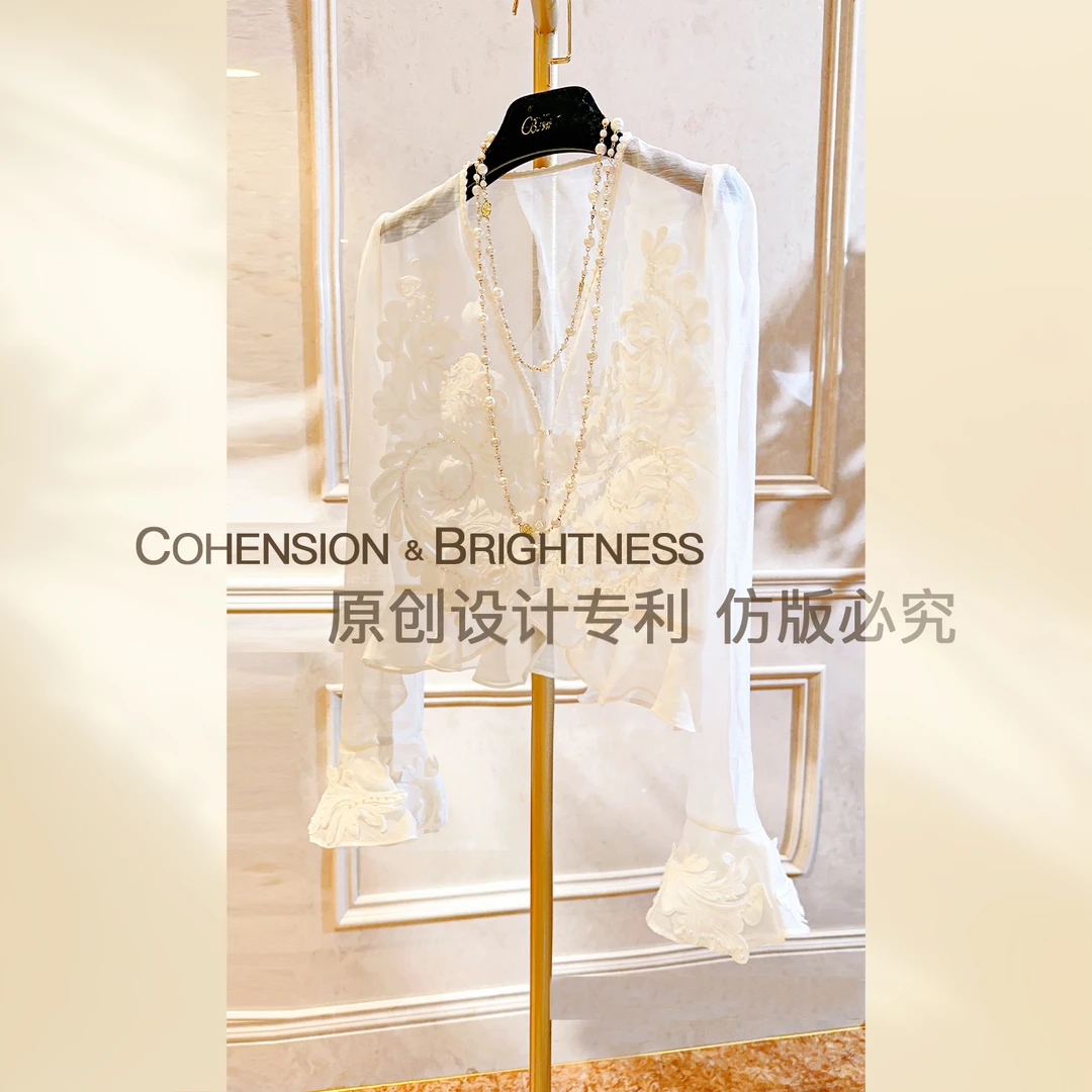 凝慧真的好【云瑶花眠】春季桑蚕丝立体花荷叶袖开衫衬衫CO020