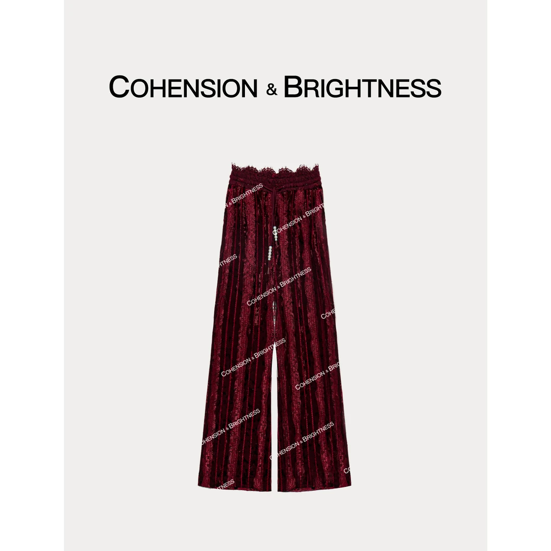 粉丝专享【浪漫韵律】法式蕾丝拼接丝绒百搭直筒休闲裤KQ035