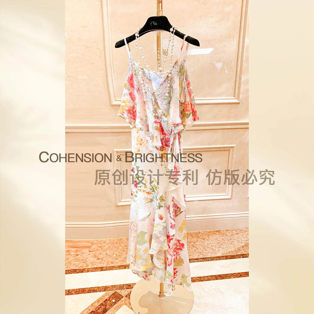 凝慧真的好【盛夏田野】夏季V烫钻晕染印花桑蚕丝连衣裙LP259