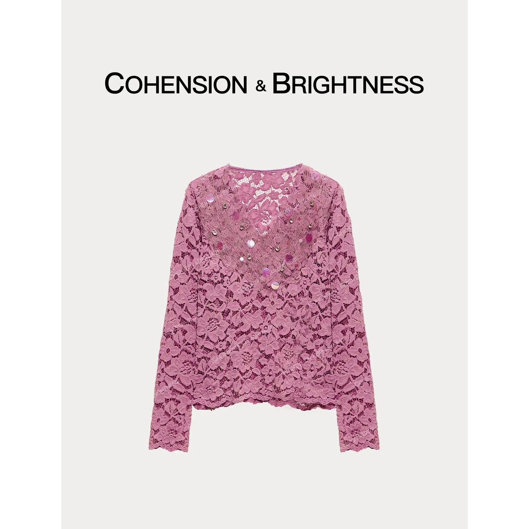 凝慧真的好【自在之资】早秋V领蕾丝烫钻亮片显瘦百搭衬衫CQ022