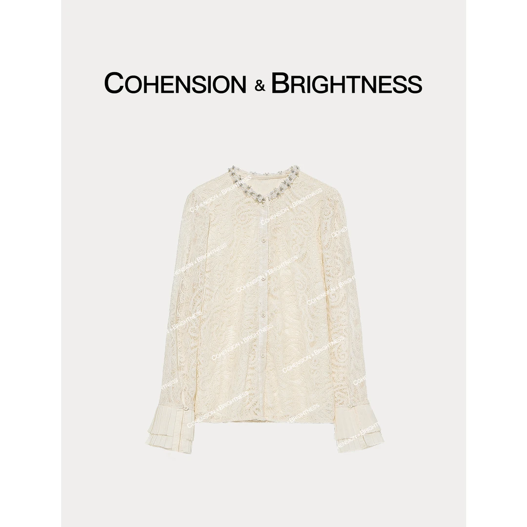 凝慧真的好【梦境交错】秋冬法式镂空蕾丝圆领钉珠长袖衬衫CQ196