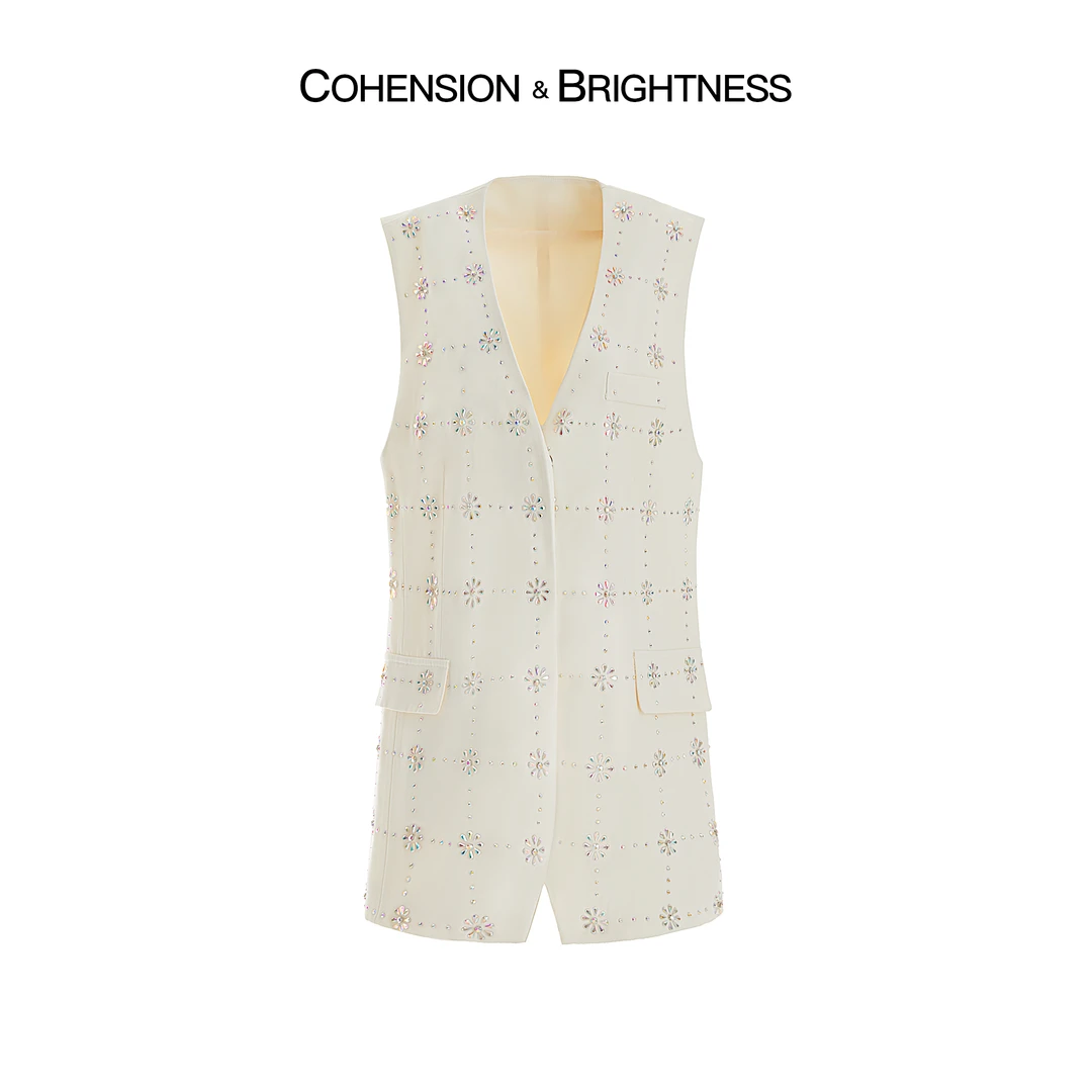 凝慧真的好【银华绽放】春季新款百搭重工钉钻白色马甲YP139