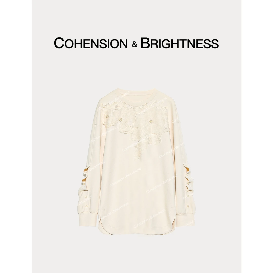 凝慧真的好【蓦然盛开】秋冬重工珍珠花朵套头加厚卫衣CQ132