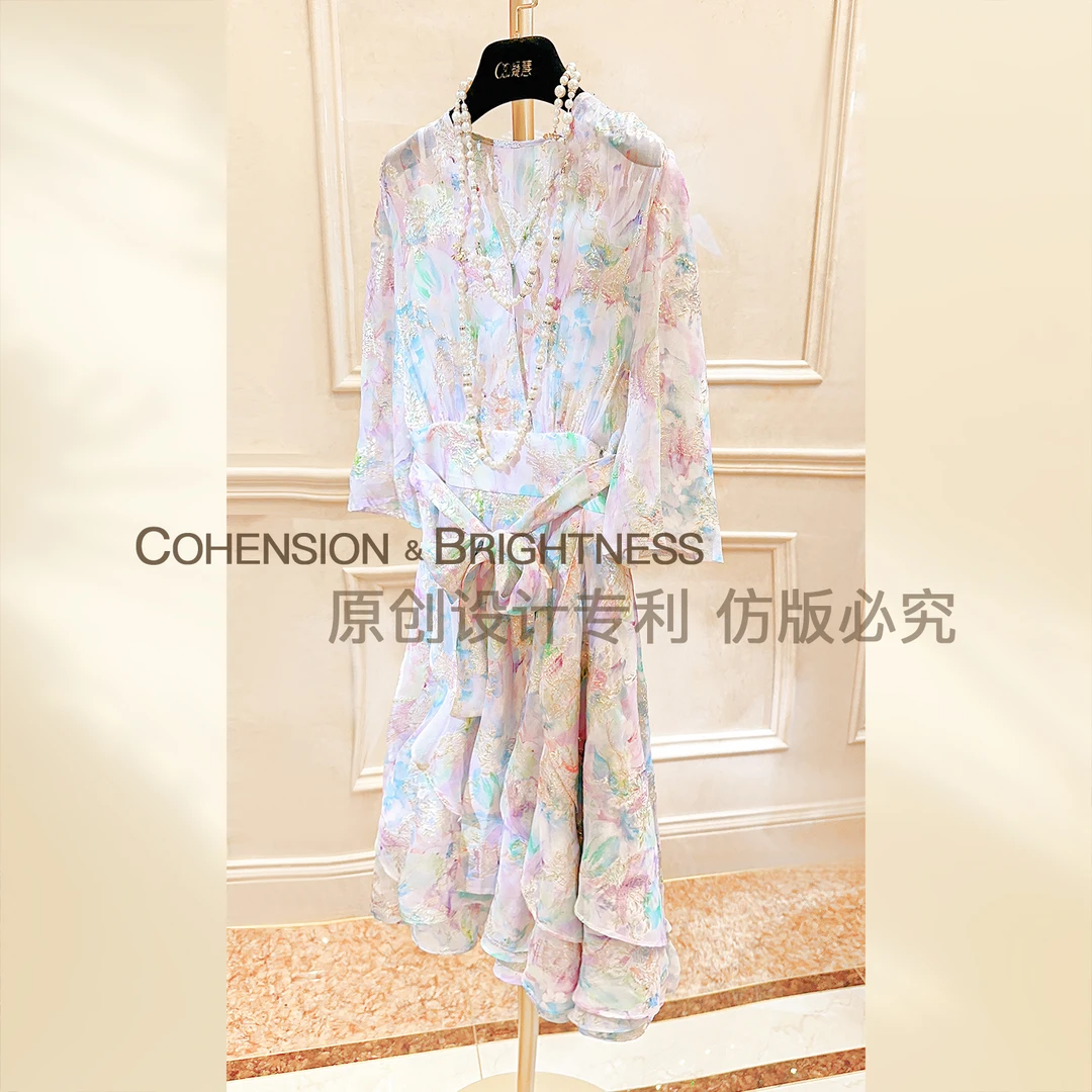 凝慧真的好【出水芙蓉】春夏时尚桑蚕丝晕染印花气质连衣裙LP256