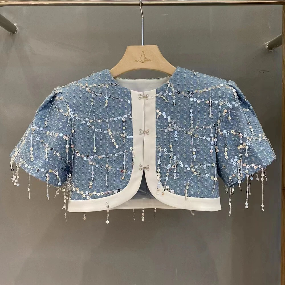 夏日之海度假高定系列牛仔蓝流苏链条重工短外套小香风气质时尚