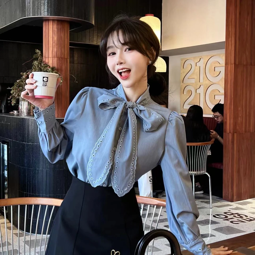 【早春】《蓝调茶歇》镂空花边绑带衬衫