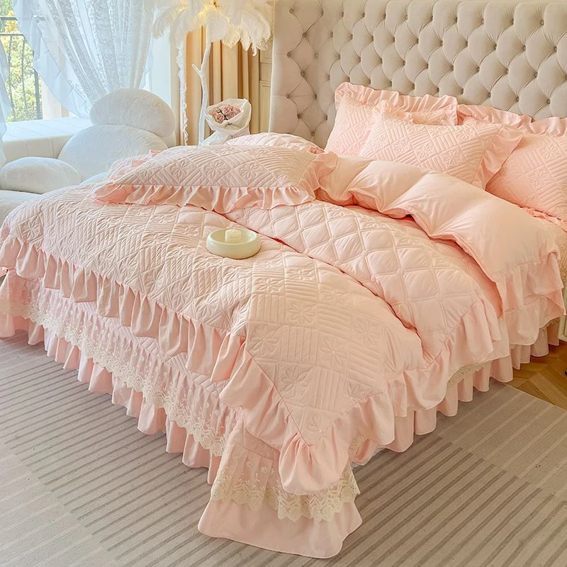 韩版夹棉床盖四件套水洗棉麻花边被套200*230被罩防滑床单四季款