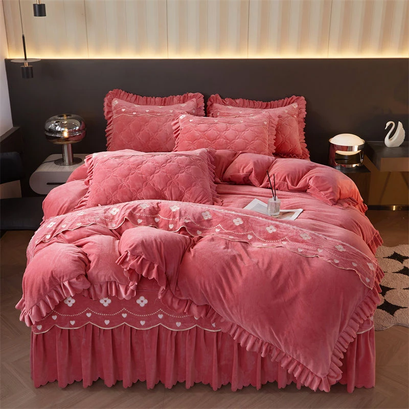 加绒刺绣宝宝绒四件套冬季保暖双面绒加厚被套牛奶绒床裙防滑被罩