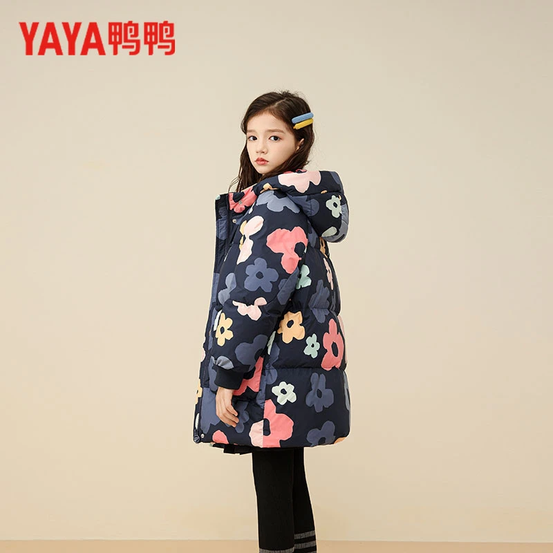 鸭鸭儿童羽绒服童装中长款女童款加厚印花中大童冬季90白鸭绒冬装