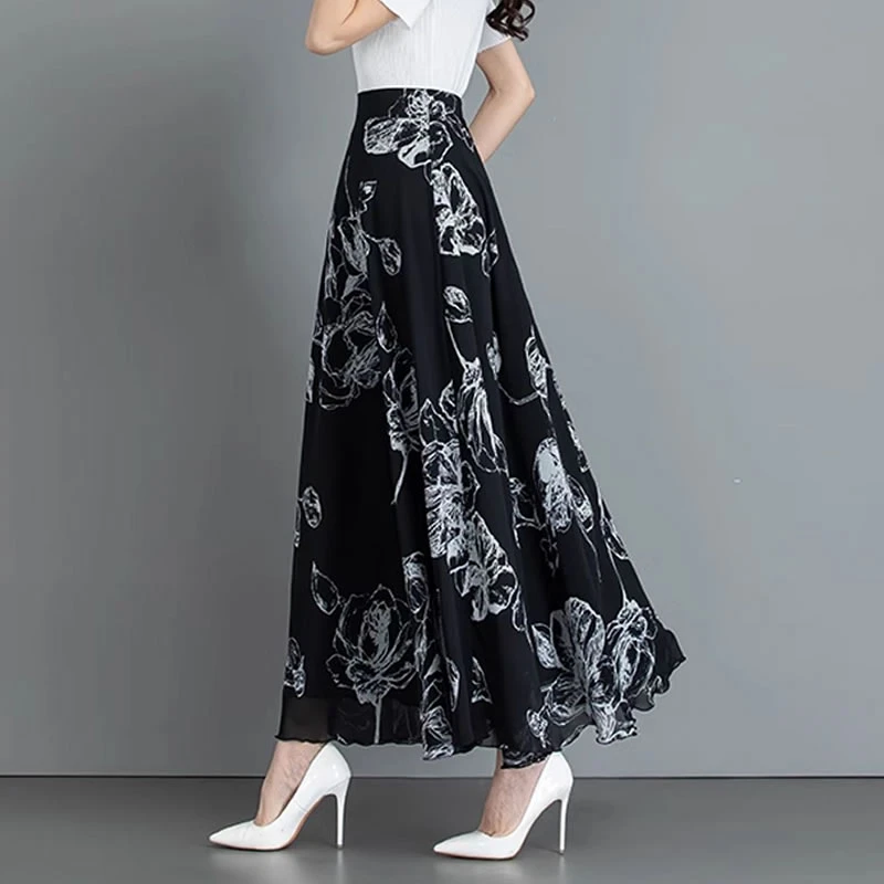 2024夏季新款复古水墨印花大码半身裙长款高腰A字裙大摆仙女裙子