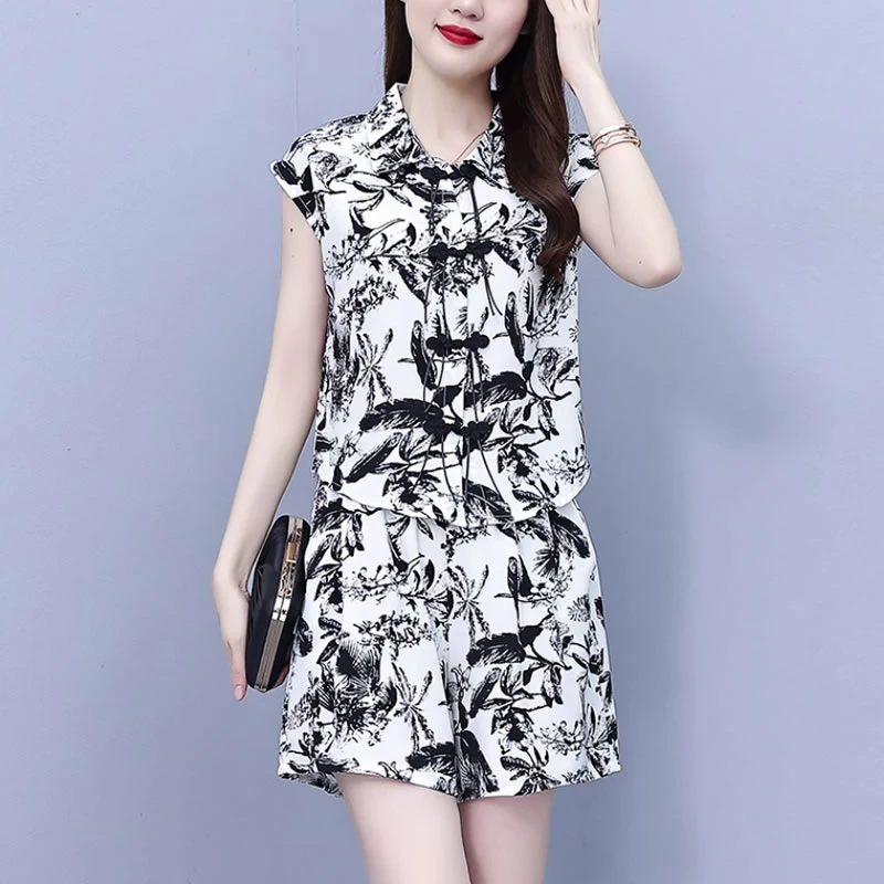 国风2025新款女装休闲时尚短裤两件套装夏天中式上衣+短裤