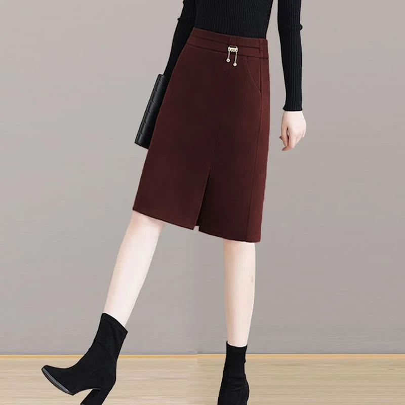 毛呢半身裙女秋冬新款高腰显瘦a字包臀裙呢子短裙直筒开叉一步裙