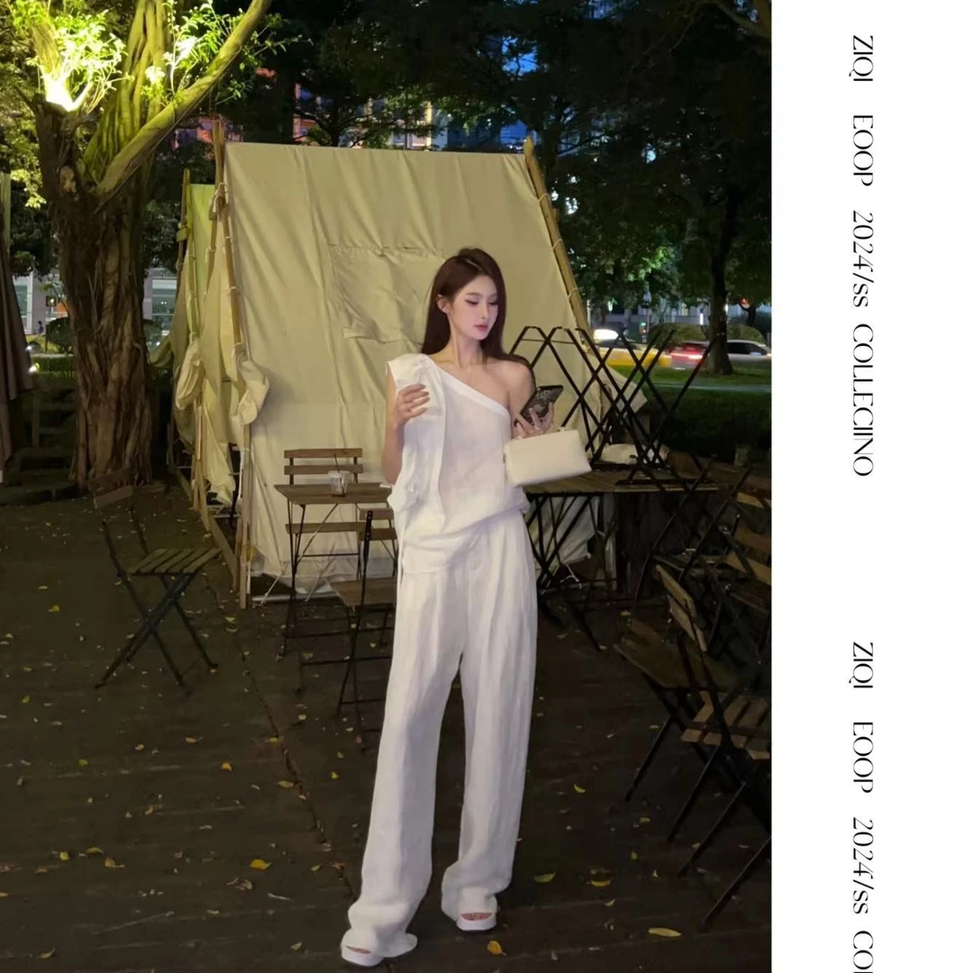 ZIQI 高级感气质亚麻露肩别致斜肩上衣+显瘦阔腿裤 S1529+S1530