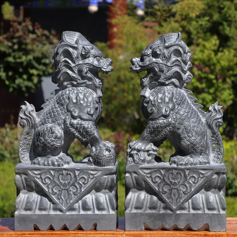 麒麟石雕摆件一对家用门口门前户外庭院纯天然石头青石小麒麟
